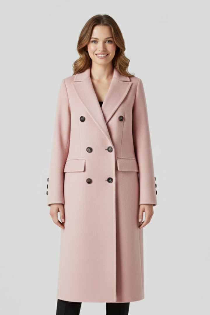 Lapel Collar Women's Long Coat with Double Button Closure and Side Pockets