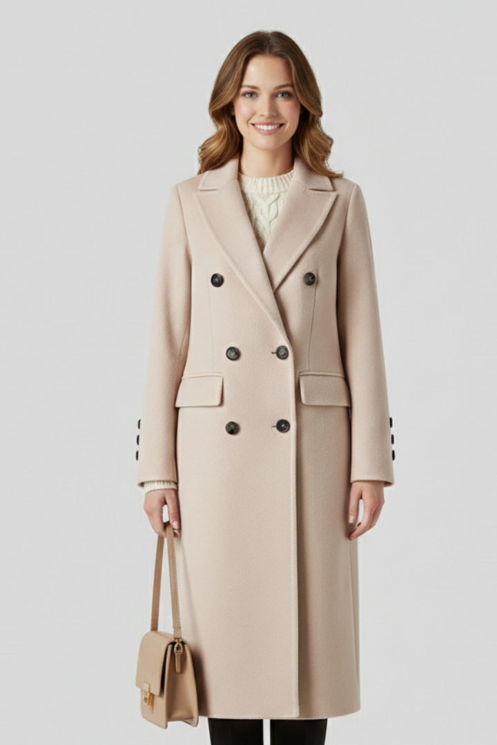 Lapel Collar Women's Long Coat with Double Button Closure and Side Pockets