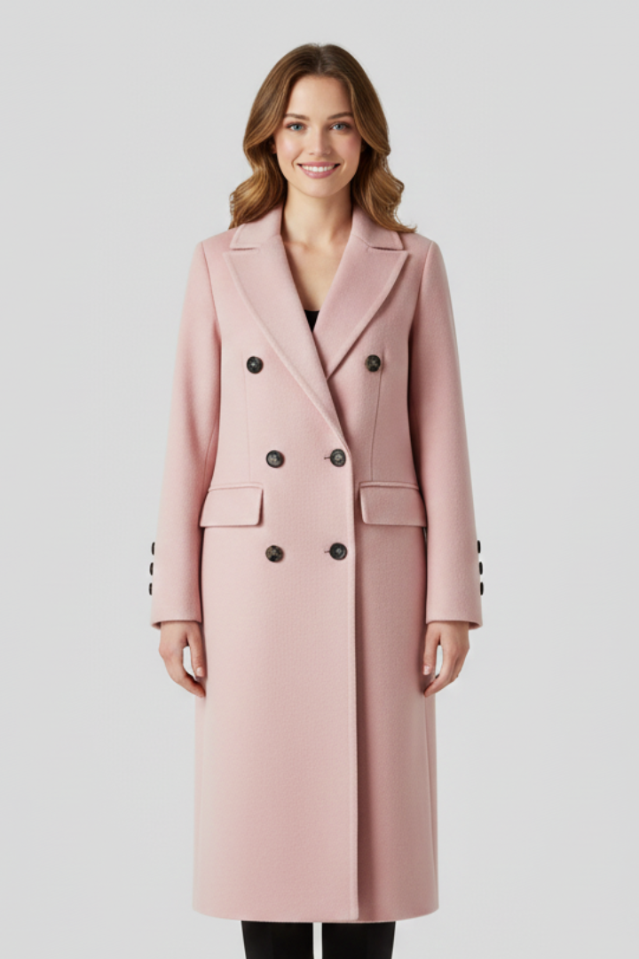 Lapel Collar Women's Long Coat with Double Button Closure and Side Pockets