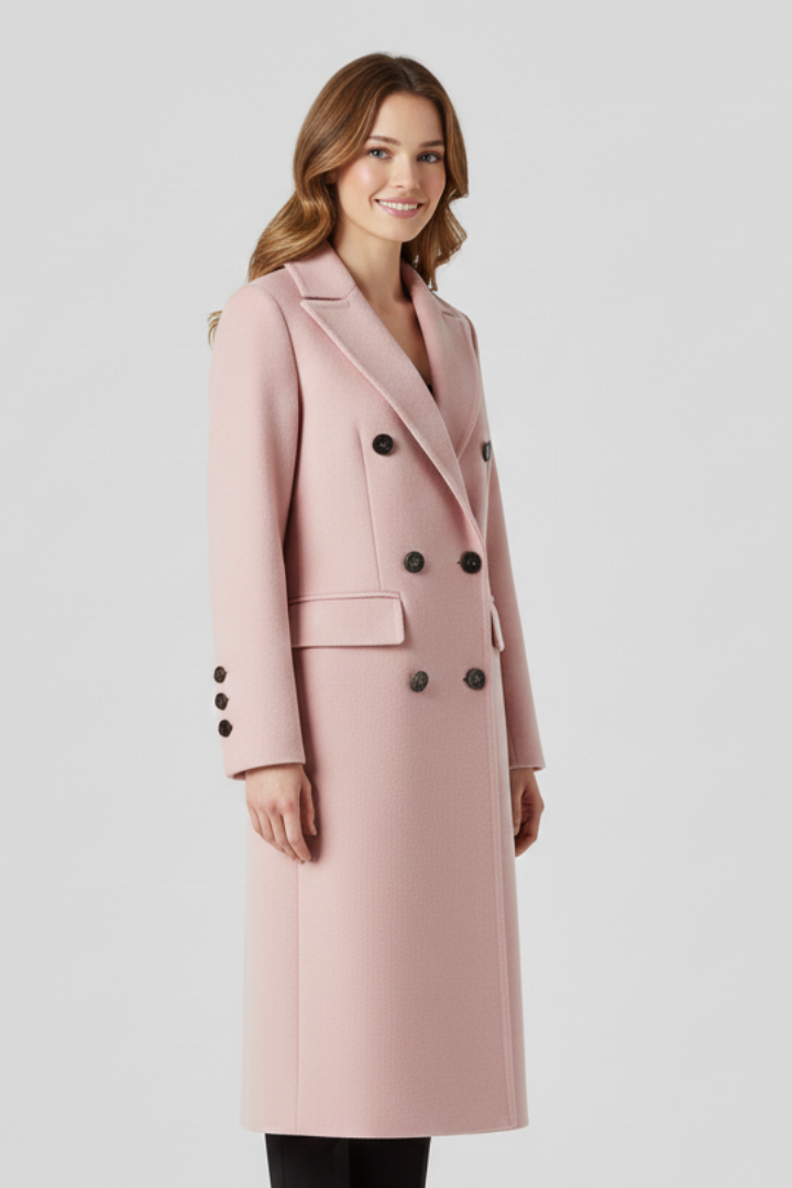 Lapel Collar Women's Long Coat with Double Button Closure and Side Pockets