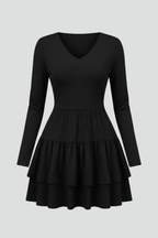 V Neck Long Sleeve Tiered Skirt Dress for Women