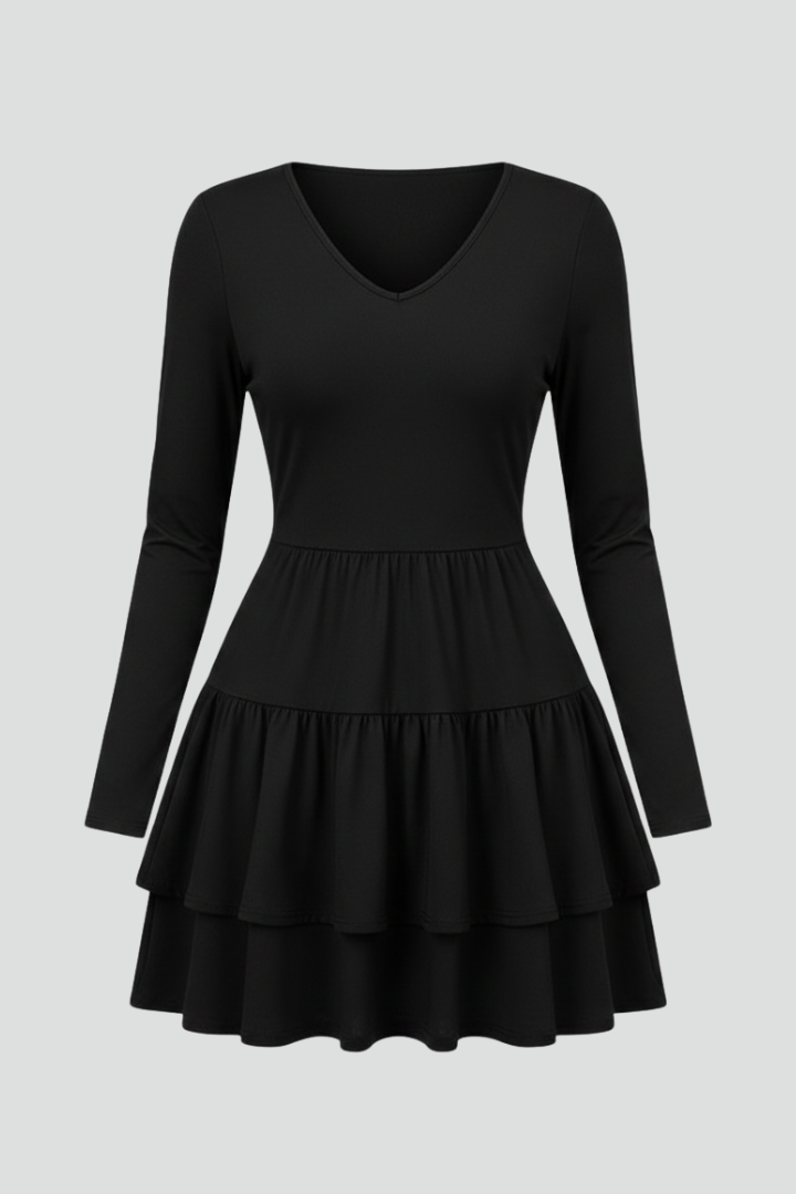 V Neck Long Sleeve Tiered Skirt Dress for Women