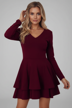 V Neck Long Sleeve Tiered Skirt Dress for Women