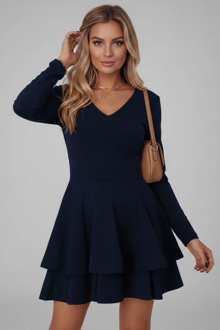 V Neck Long Sleeve Tiered Skirt Women's Dress