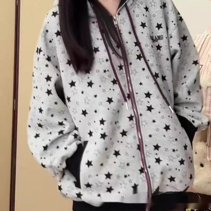 American-style Retro Streetwear Star-print Cardigan Hoodie