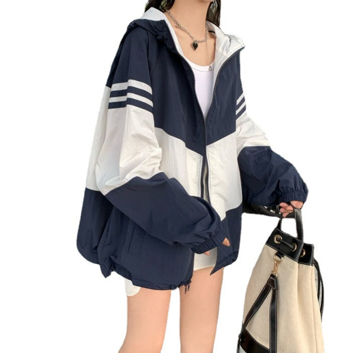 Contrast Color Hooded Sun Protection Clothing For Women Loose Thin Coat