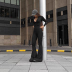 Long-sleeve Minimalist Solid-color Deep-V Jumpsuit