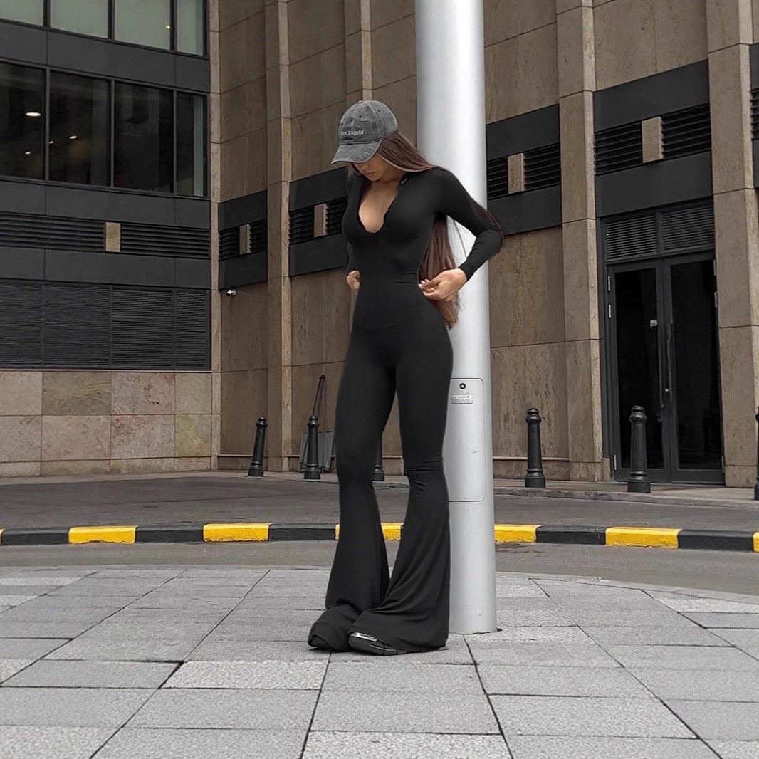 Long-sleeve Minimalist Solid-color Deep-V Jumpsuit