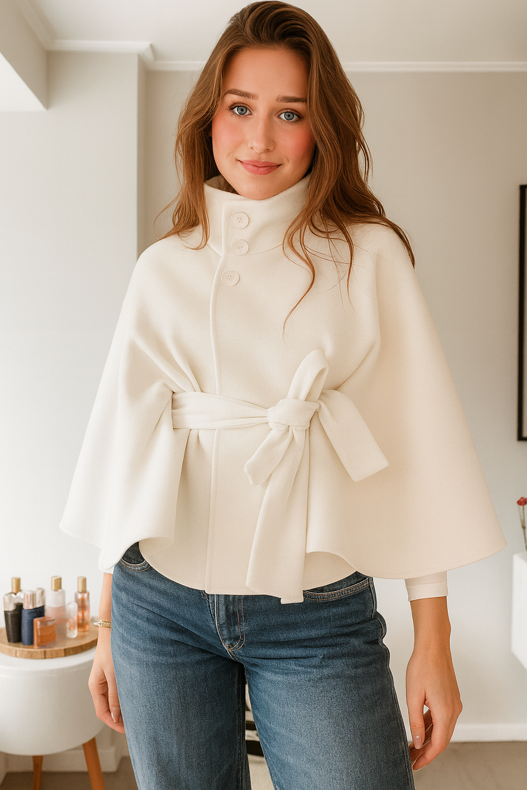 Elegant Women's Cape Coat with High Collar and Self-Tie Belt