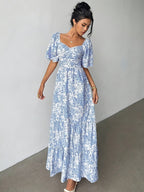 Women's Floral Print Maxi Dress with Sweetheart Neckline and Tiered Design