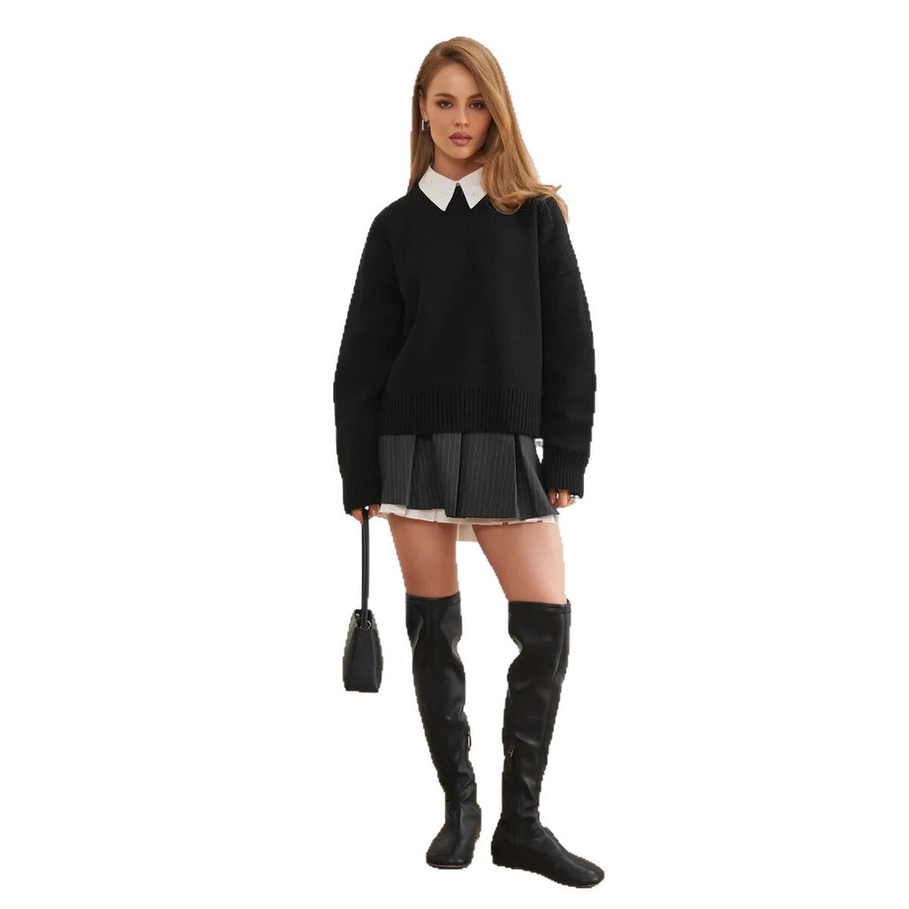 Relaxed Fit Ribbed Knit Crewneck Pullover Sweater