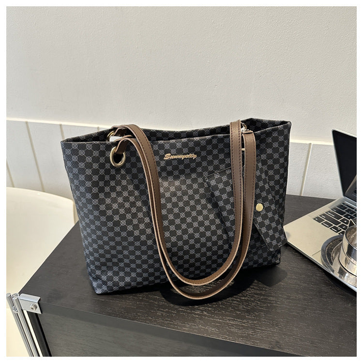 Vintage Checkered Large Capacity Shoulder Tote Bag