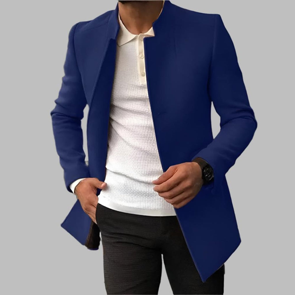 Men's Slim-Fit Open-Front Wool Coat Notched Collar Long Jacket