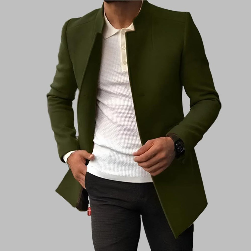 Men's Slim-Fit Open-Front Wool Coat Notched Collar Long Jacket