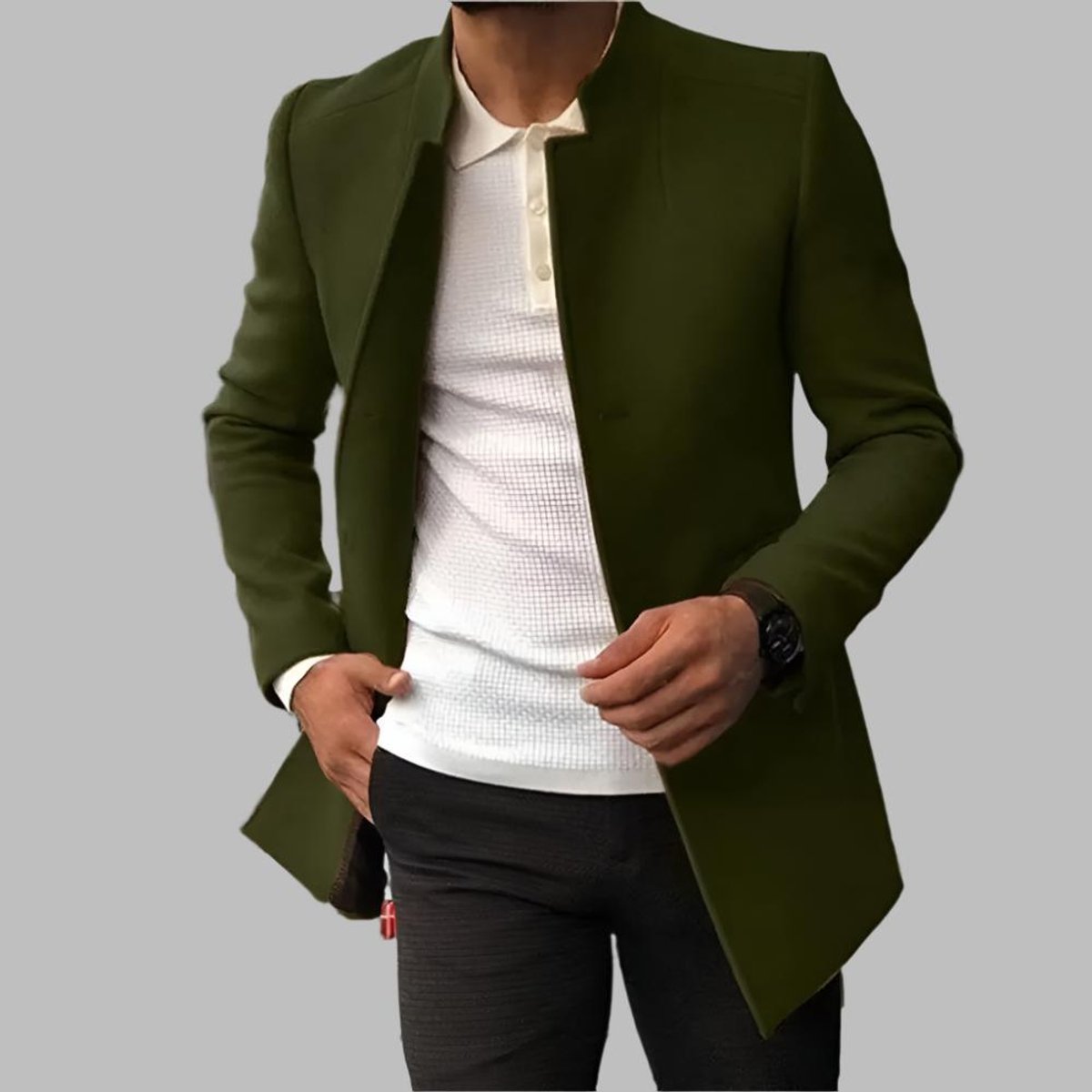 Men's Slim-Fit Open-Front Wool Coat Notched Collar Long Jacket