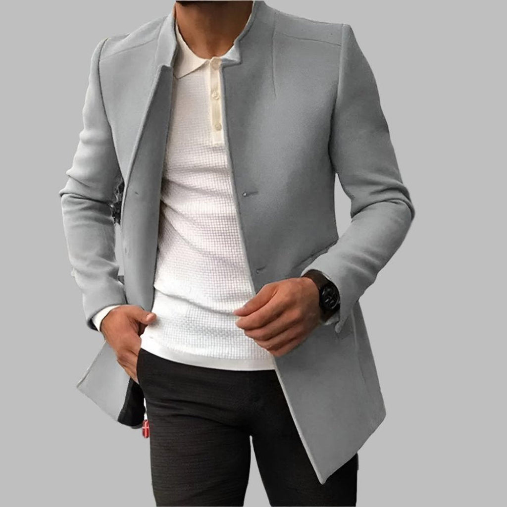 Men's Slim-Fit Open-Front Wool Coat Notched Collar Long Jacket