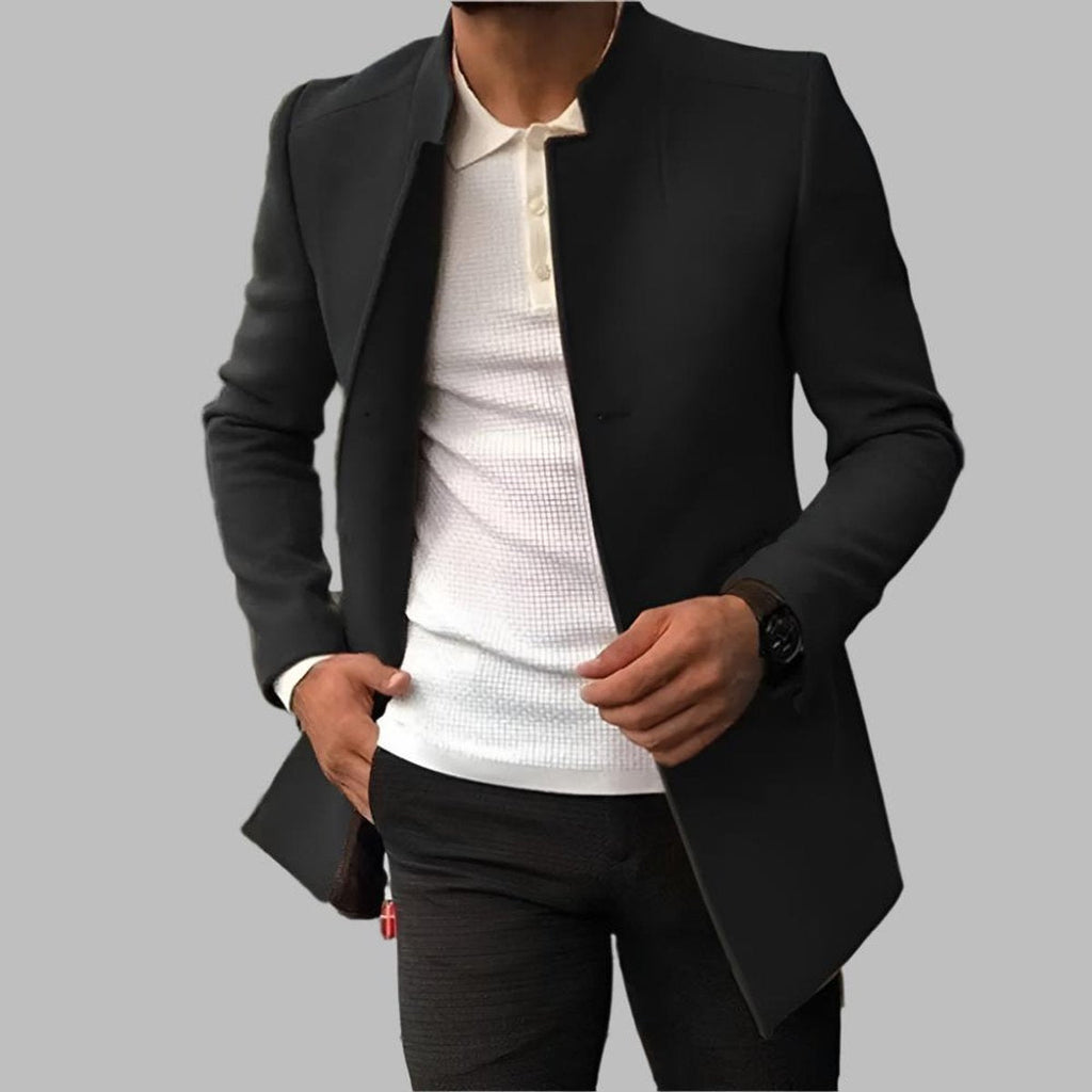Men's Slim-Fit Open-Front Wool Coat Notched Collar Long Jacket