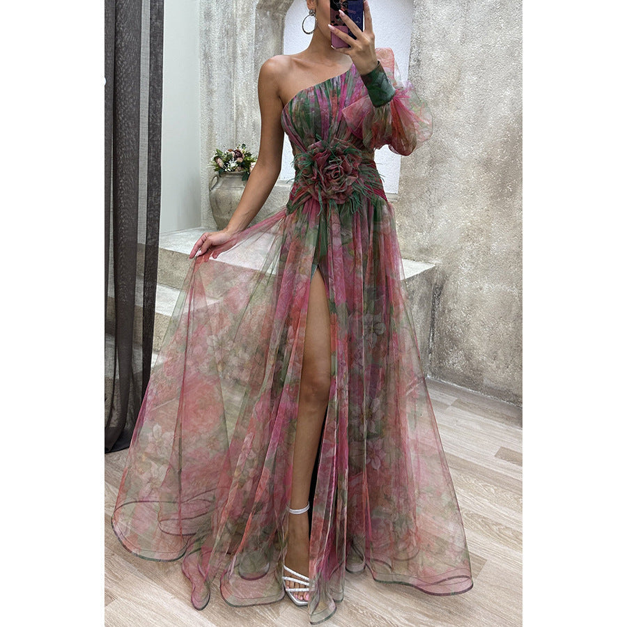 Elegant one-shoulder mesh summer dress