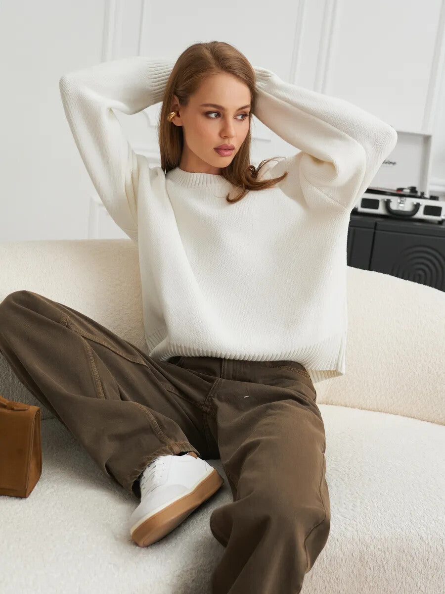 Relaxed Fit Ribbed Knit Crewneck Pullover Sweater