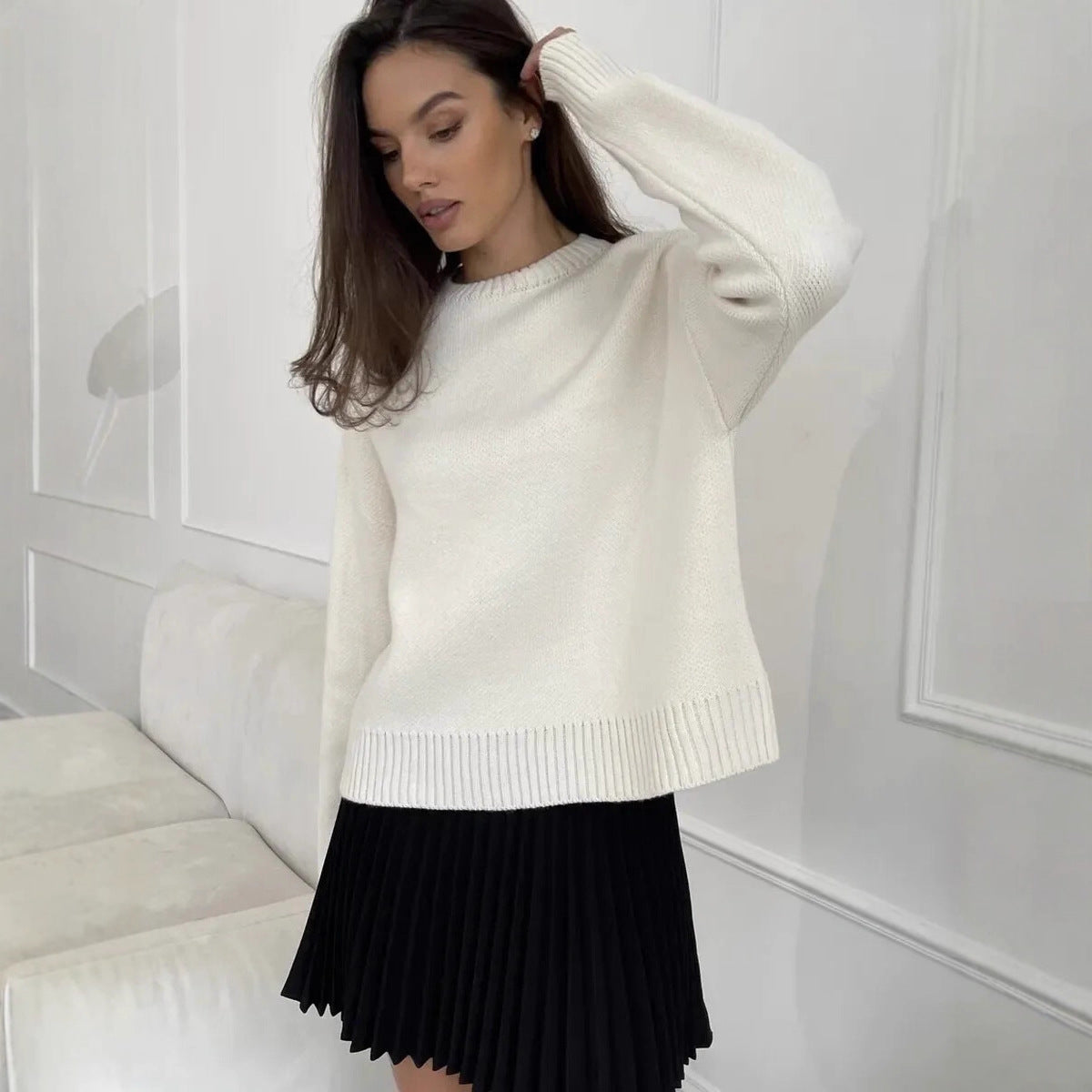 Relaxed Fit Ribbed Knit Crewneck Pullover Sweater