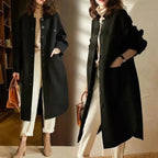 Women's Long Button-Front Jacket with Side Pockets and Relaxed Fit