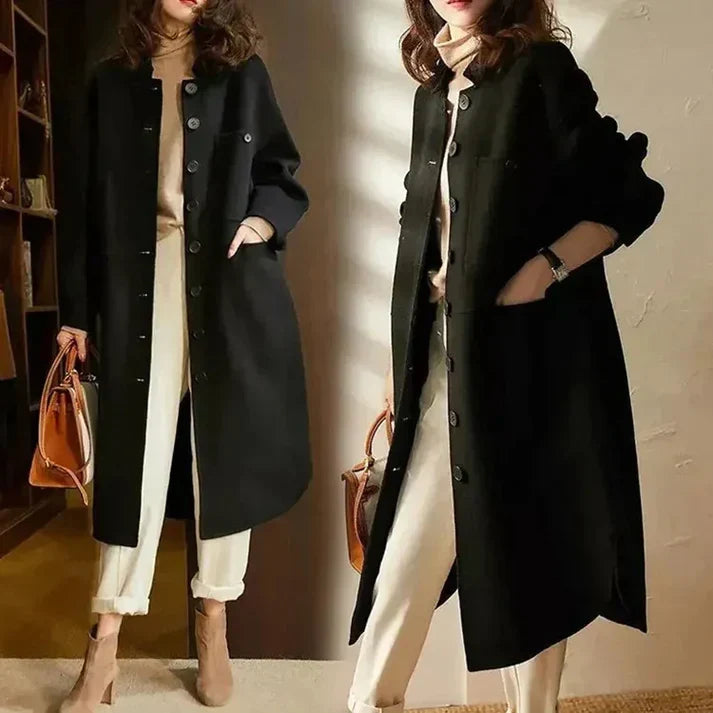 Women's Long Button-Front Jacket with Side Pockets and Relaxed Fit