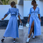 Elegant V-Neck Denim Dress for Women – Chic & Timeless Style