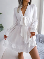 Solid Color V-Neck Lace-Up Dress