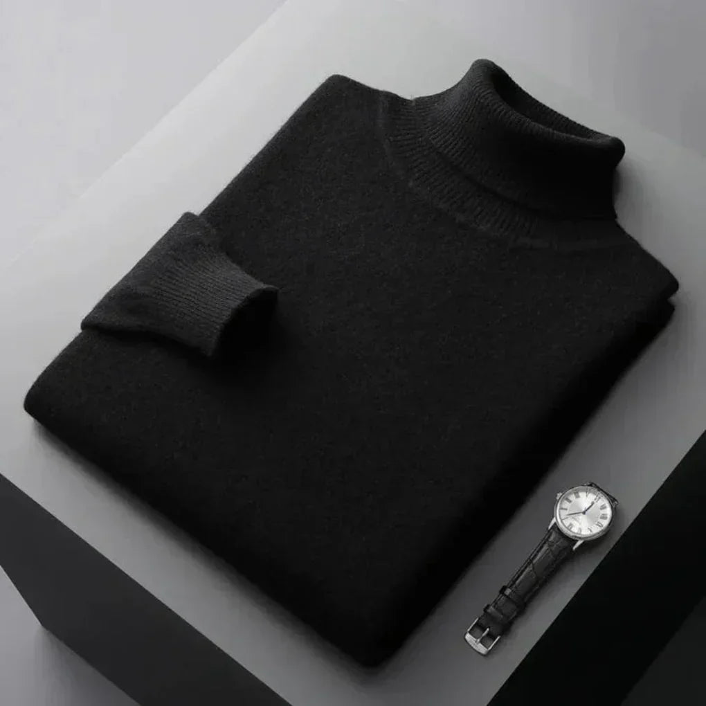 Men's Relaxed Fit Turtleneck Sweater with Fold-Over Collar and Long Sleeves