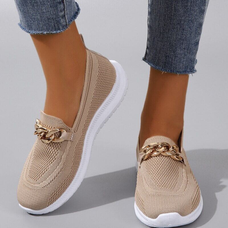 Women's Knit Slip-On Boat Shoes with Gold Chain Detail