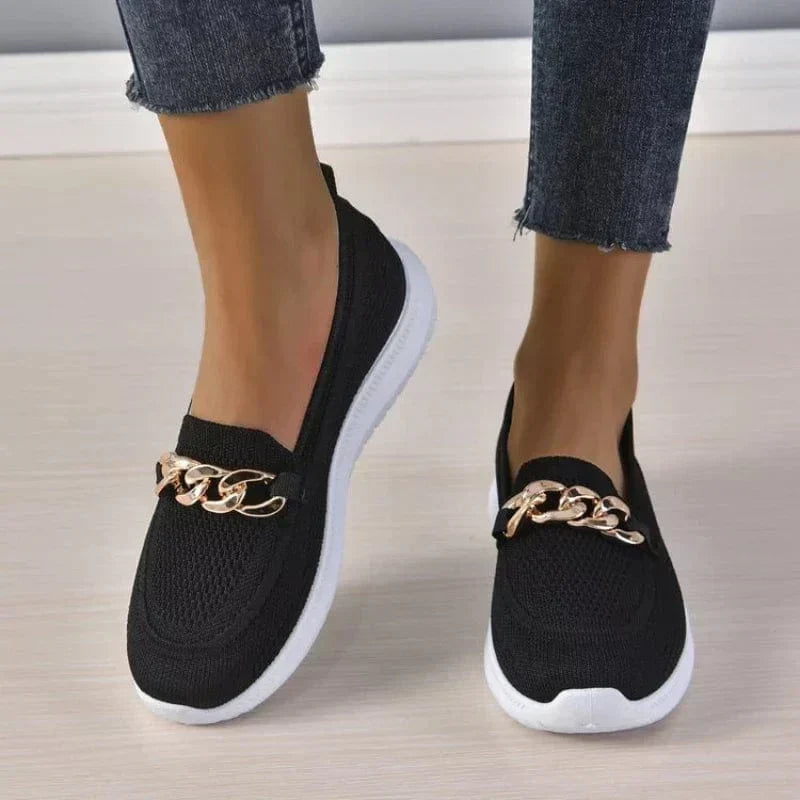 Women's Knit Slip-On Boat Shoes with Gold Chain Detail