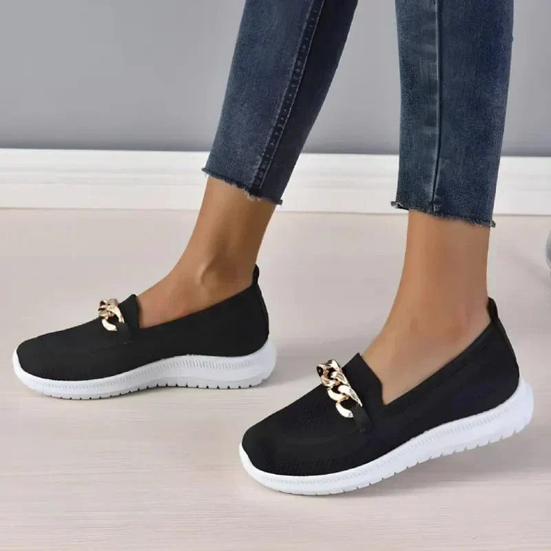 Women's Knit Slip-On Boat Shoes with Gold Chain Detail
