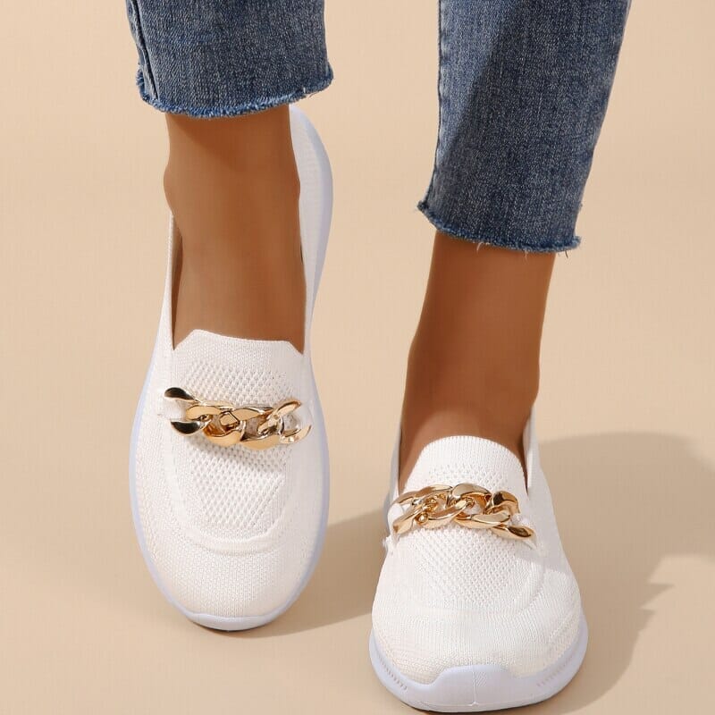 Women's Knit Slip-On Boat Shoes with Gold Chain Detail
