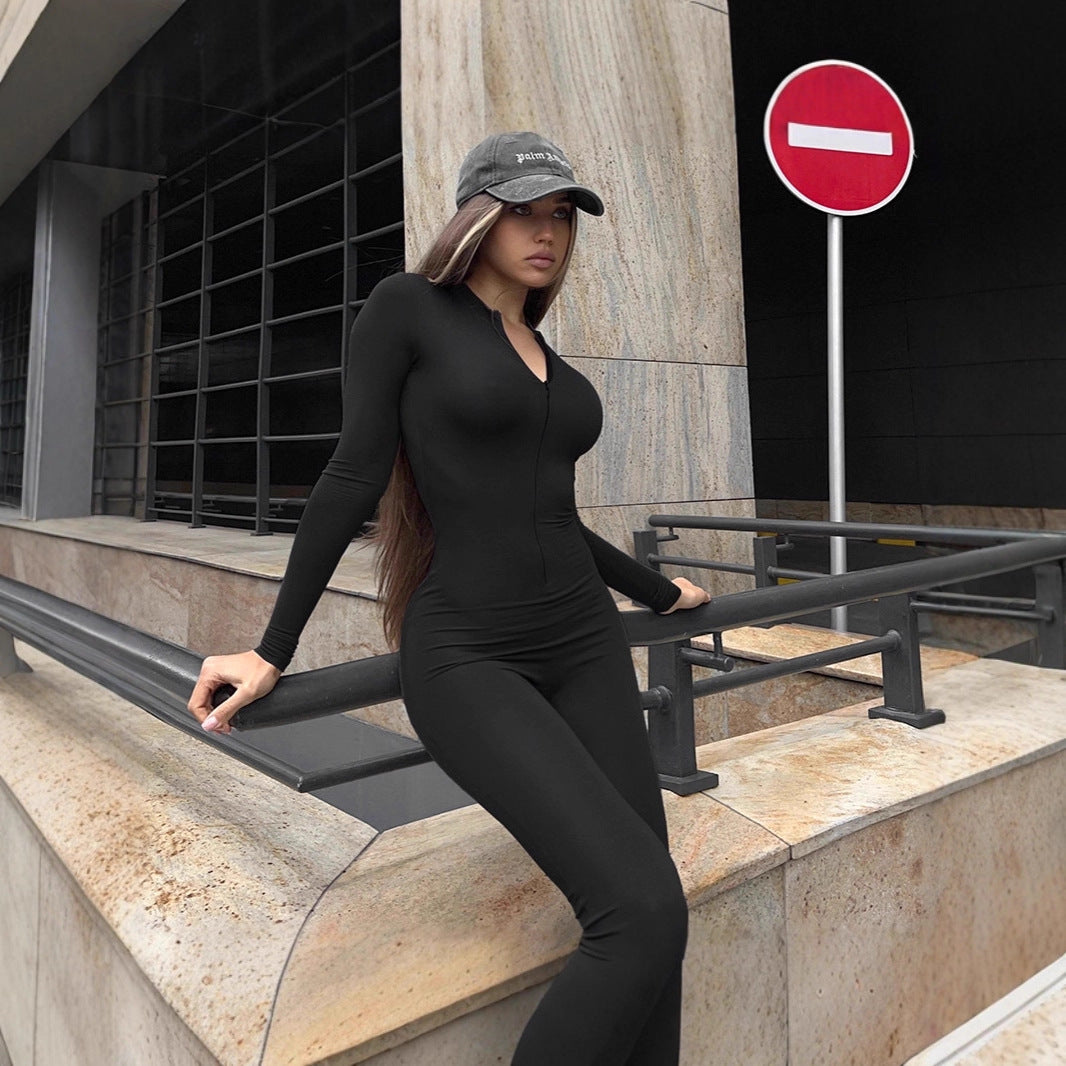Long-sleeve Minimalist Solid-color Deep-V Jumpsuit