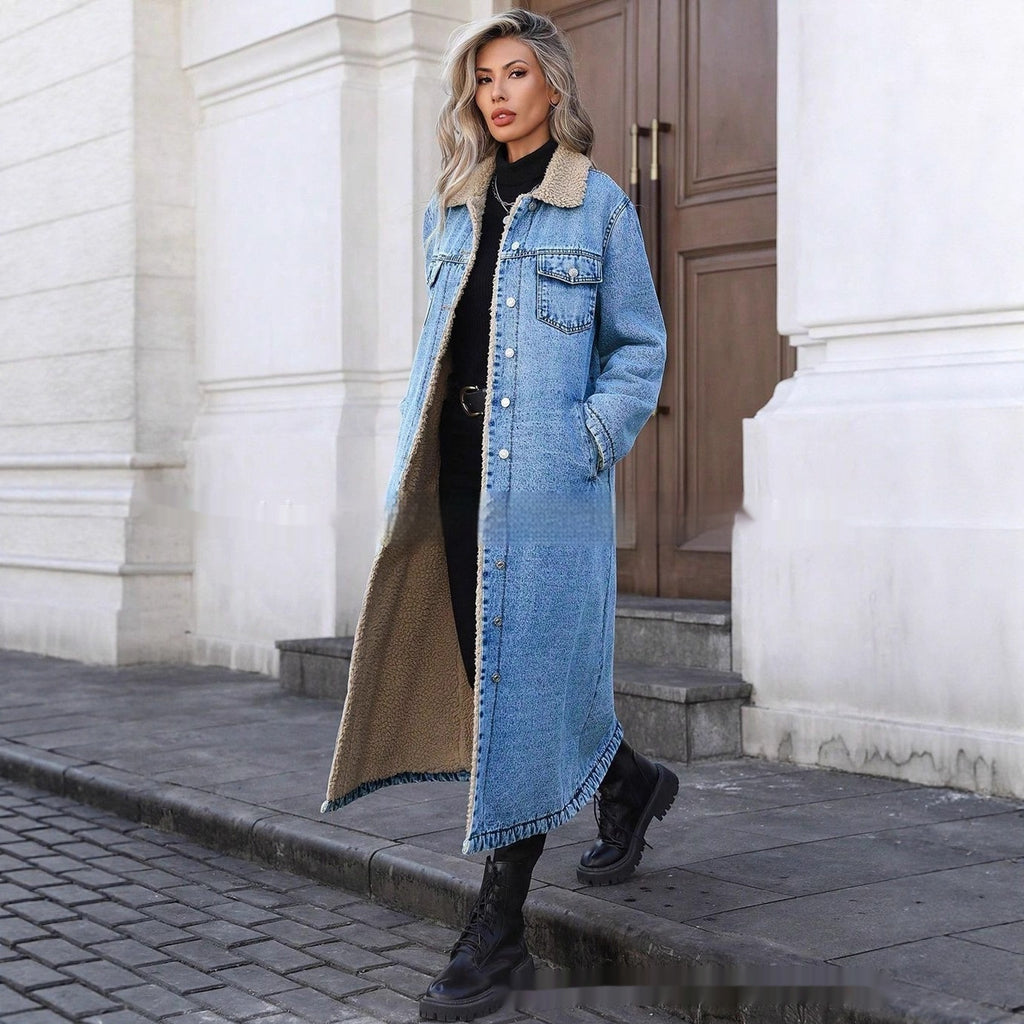 Manlish Women's Long Fleece Lined Denim Jacket  Loose Fit Cotton Outerwear