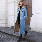 Manlish Women's Long Fleece Lined Denim Jacket  Loose Fit Cotton Outerwear