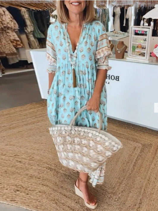 Women's bohemian V-Neck Puff  Sleeve Summer Dress