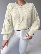 Cable Knit Pullover Sweater with Lantern Sleeves for Women