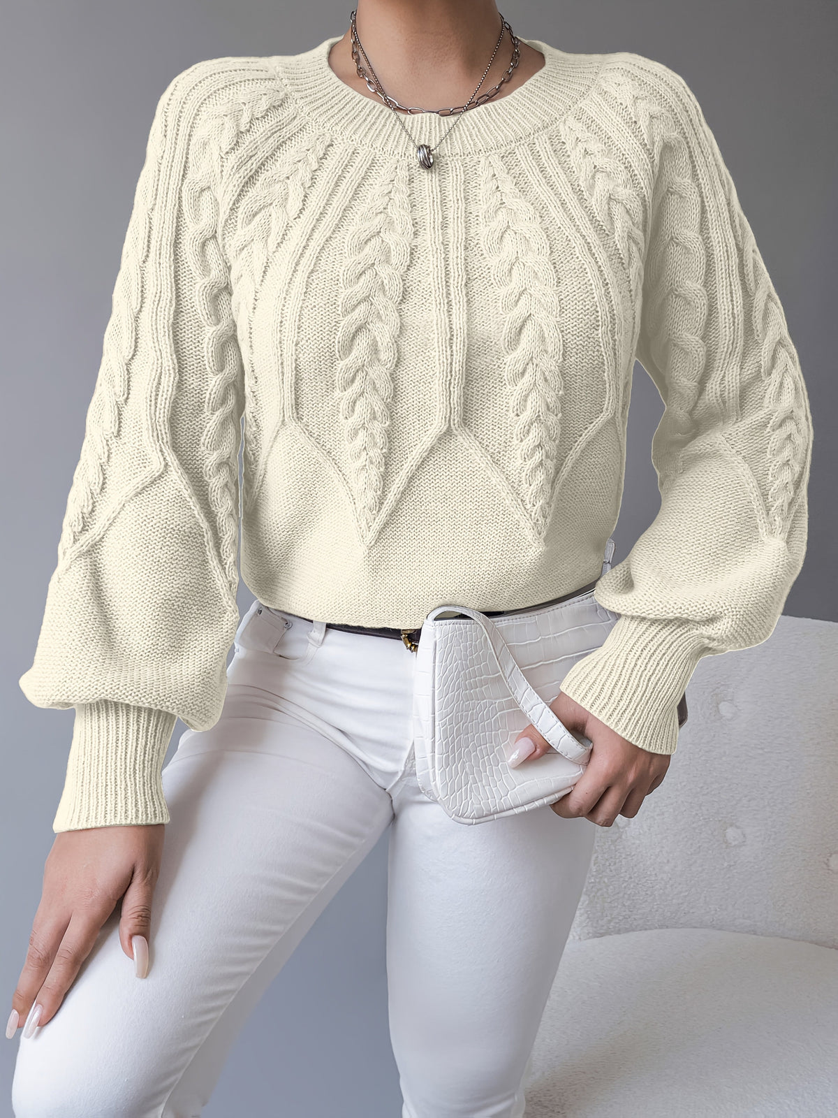 Cable Knit Pullover Sweater with Lantern Sleeves for Women