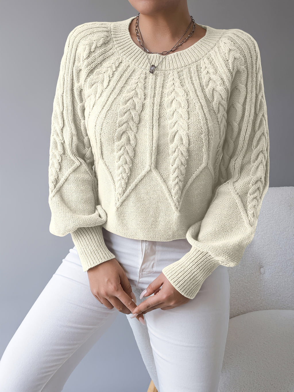 Cable Knit Pullover Sweater with Lantern Sleeves for Women