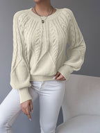 Cable Knit Pullover Sweater with Lantern Sleeves for Women
