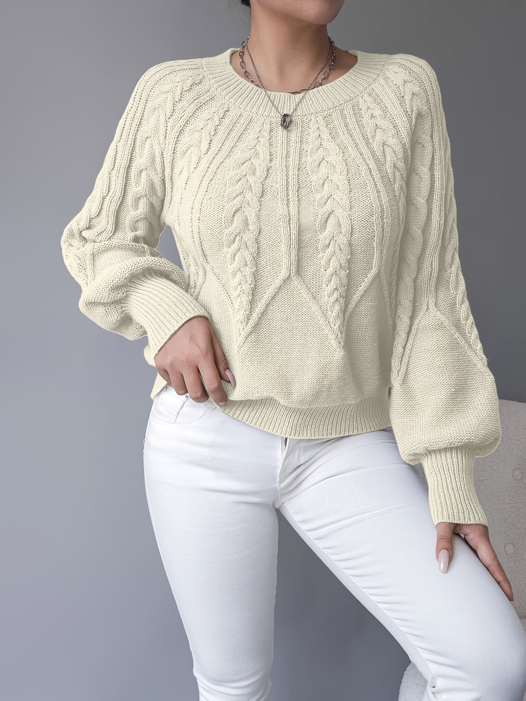 Cable Knit Pullover Sweater with Lantern Sleeves for Women
