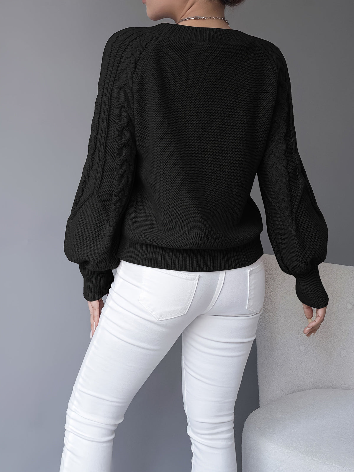 Cable Knit Pullover Sweater with Lantern Sleeves for Women