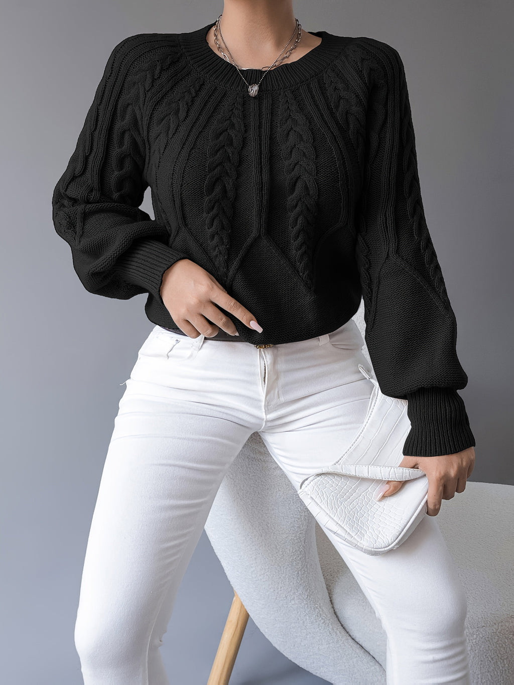 Cable Knit Pullover Sweater with Lantern Sleeves for Women