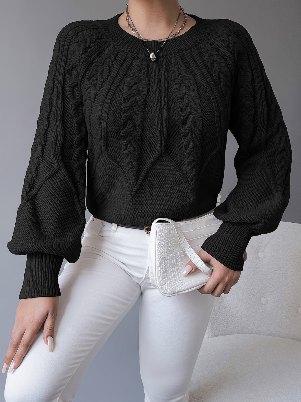 Cable Knit Pullover Sweater with Lantern Sleeves for Women