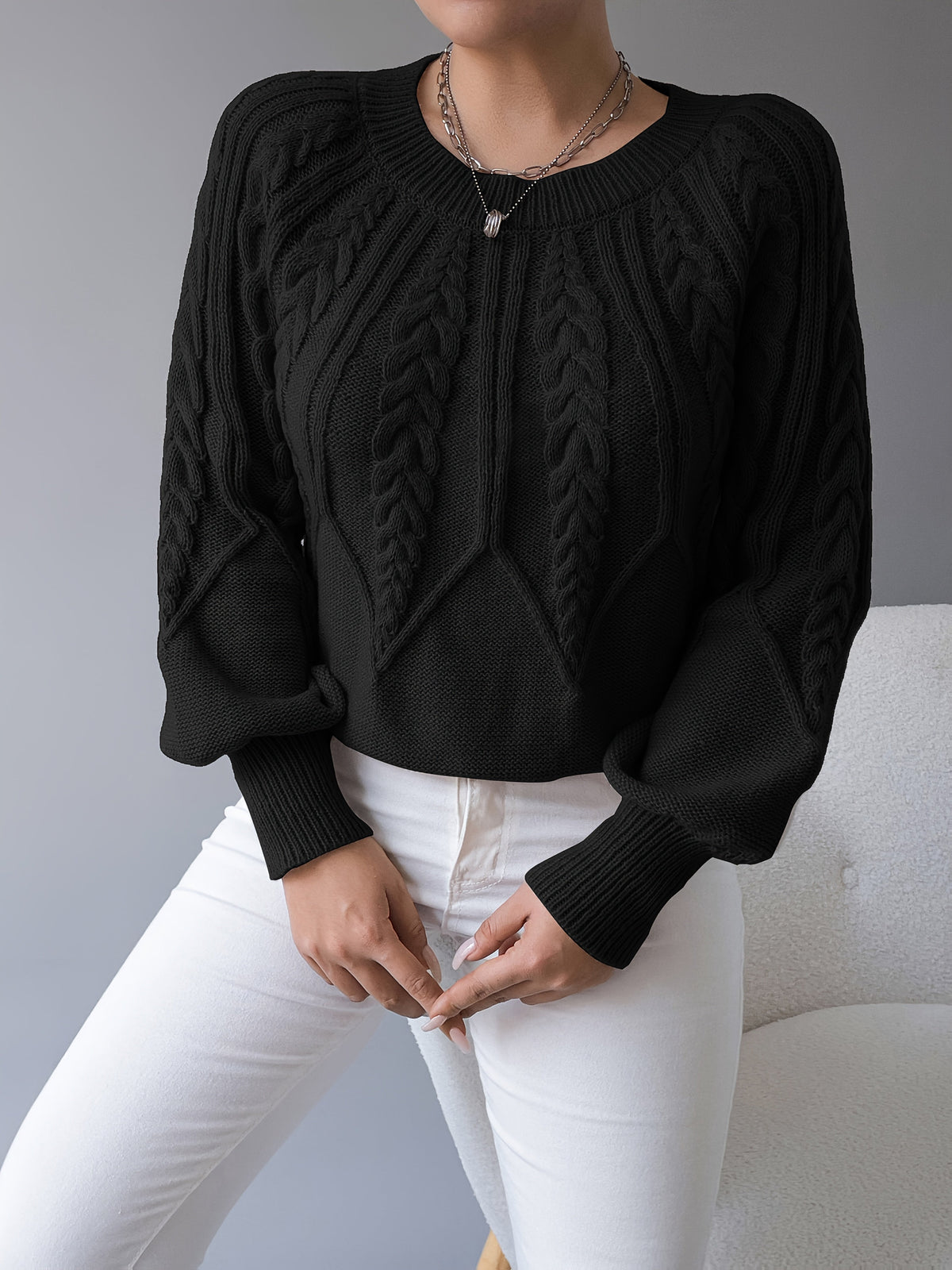 Cable Knit Pullover Sweater with Lantern Sleeves for Women