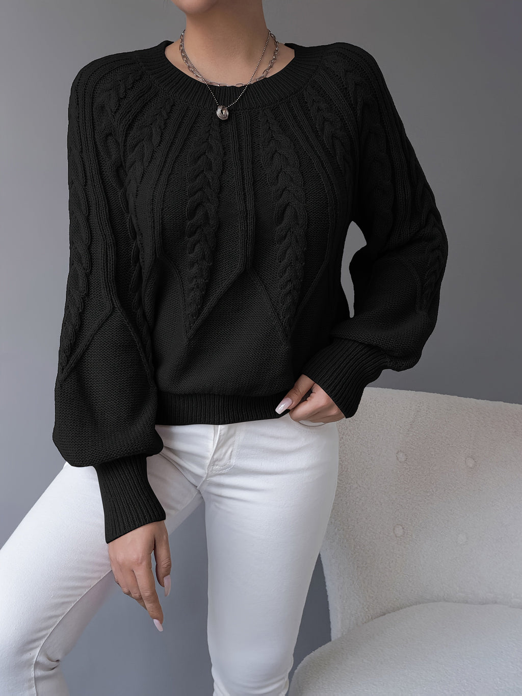 Cable Knit Pullover Sweater with Lantern Sleeves for Women