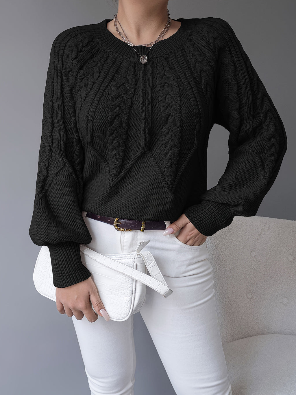 Cable Knit Pullover Sweater with Lantern Sleeves for Women