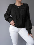 Cable Knit Pullover Sweater with Lantern Sleeves for Women