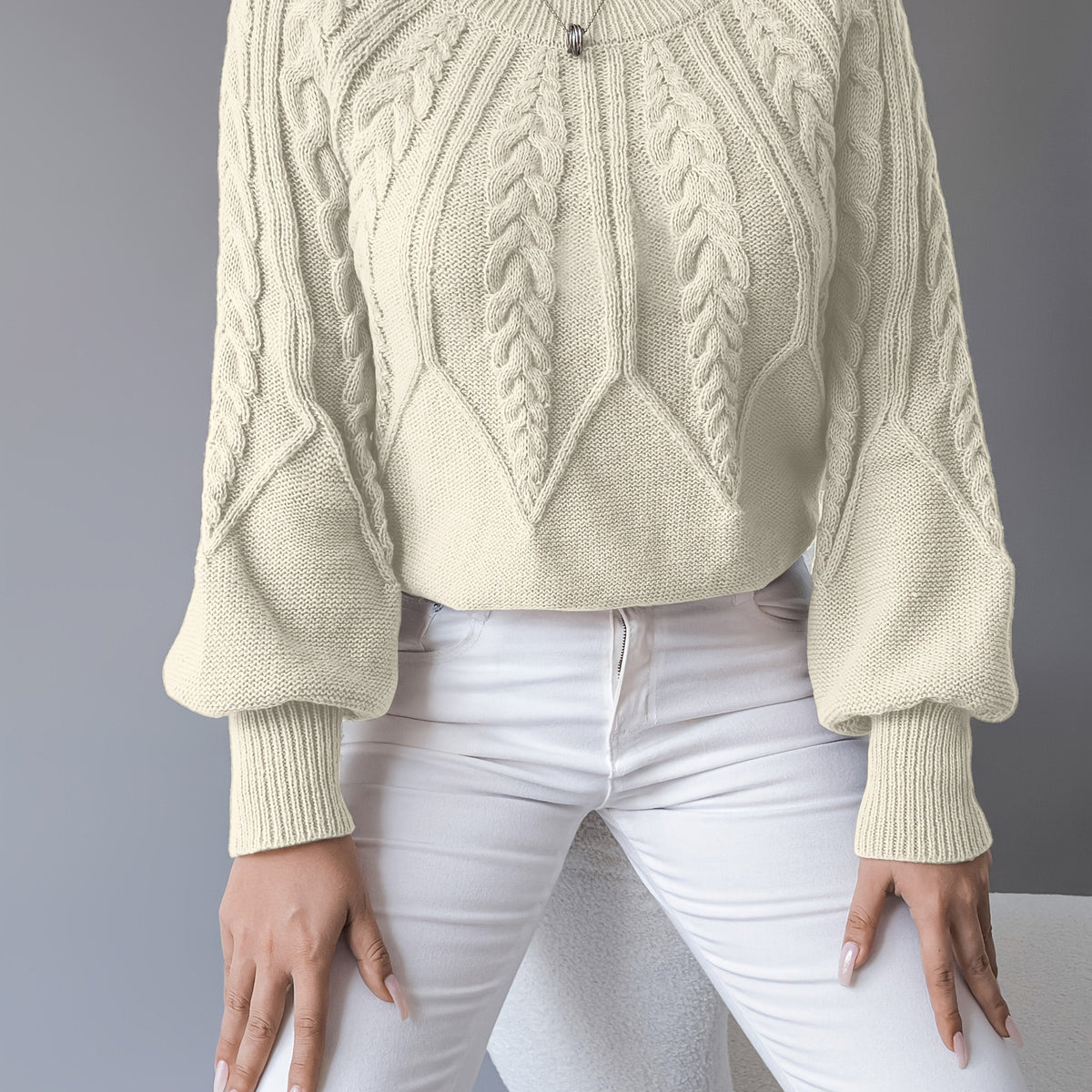 Cable Knit Pullover Sweater with Lantern Sleeves for Women
